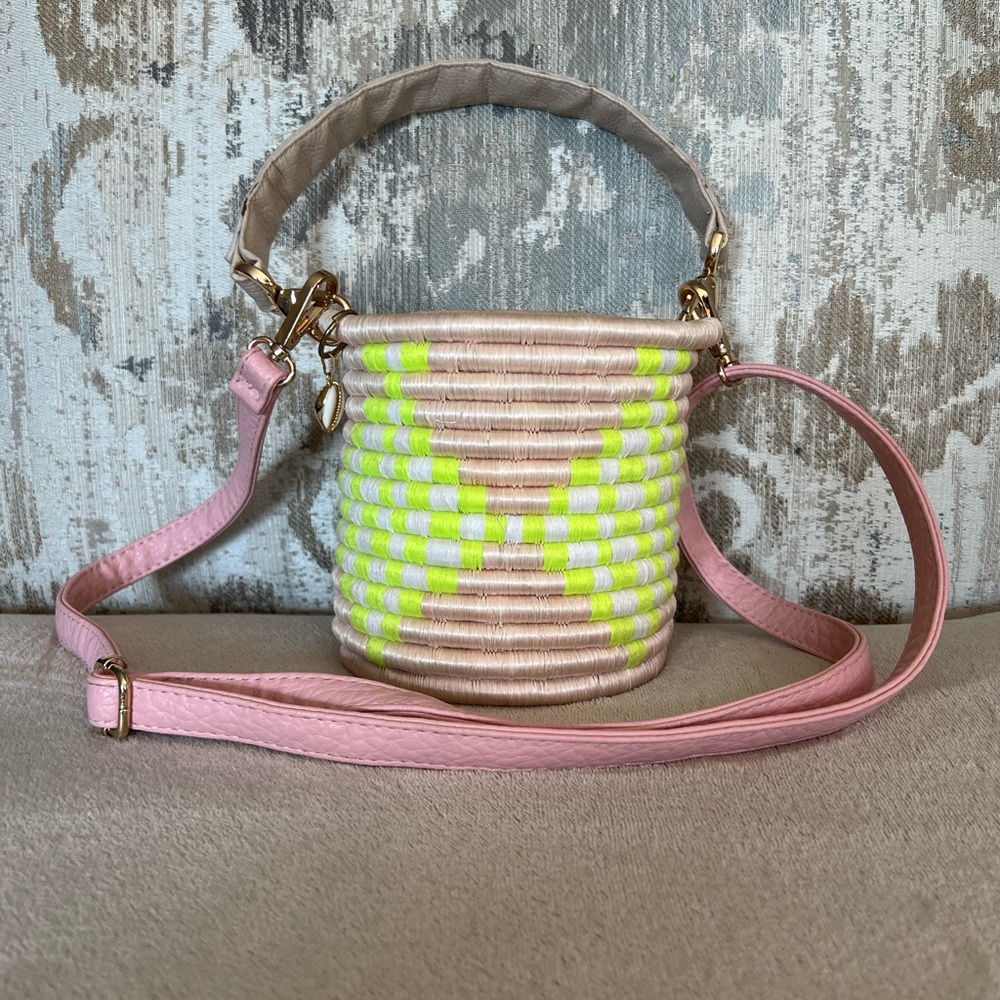 Indego Africa Coquina Bucket Bag - Pink and Lime Green Woven Crossbody Bag